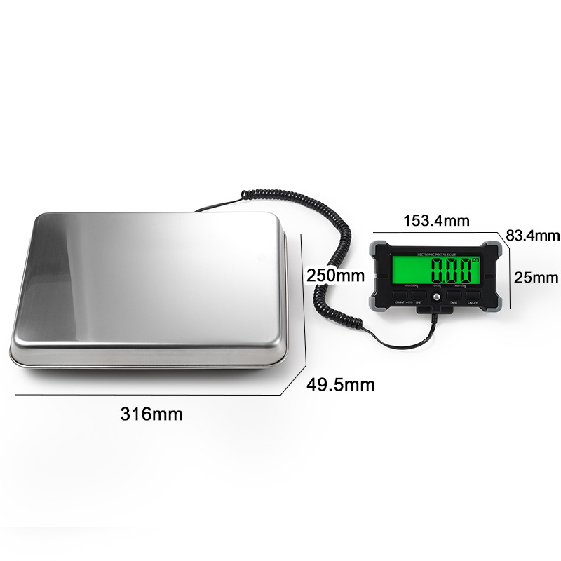 Elektronska poštanska vaga za prekogranične pošiljke, kompaktna vaga od nehrđajućeg čelika za kućne ljubimce i pakete, raspon mjere 120 kg/30 g – 300 kg/150 g, napajanje mrežno ili AAA baterijama, model Dh-c100 / c011