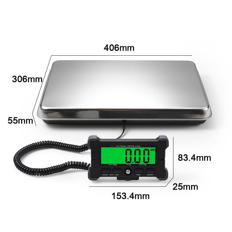 Elektronska poštanska vaga za prekogranične pošiljke, kompaktna vaga od nehrđajućeg čelika za kućne ljubimce i pakete, raspon mjere 120 kg/30 g – 300 kg/150 g, napajanje mrežno ili AAA baterijama, model Dh-c100 / c011