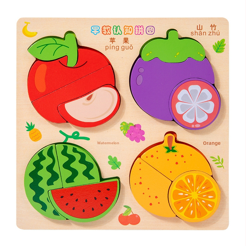 Dreveni 3D puzzle za predškolce – Četiri u jedan: kukci, životinje, prijevoz i voće; OEM logotip prilagodba; za djecu 4–6 godina