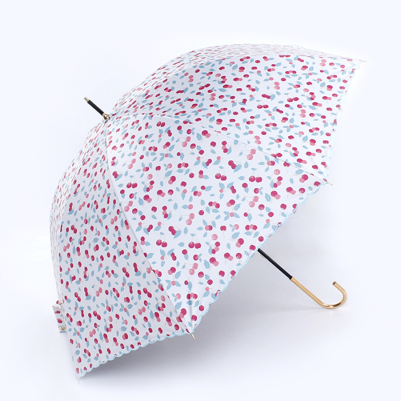 Dugi kišobran s izvezom trešnje, vinilna navlaka, 8 čeličnih šipki, ručno otvaranje i zatvaranje, UPF>50