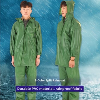 PVC set dážďový kabát a nohavice pre dospelých, rozdelený štýl, PVC látka, vodotesná vrstva z PVC lepidla, prispôsobenie a tlač loga
