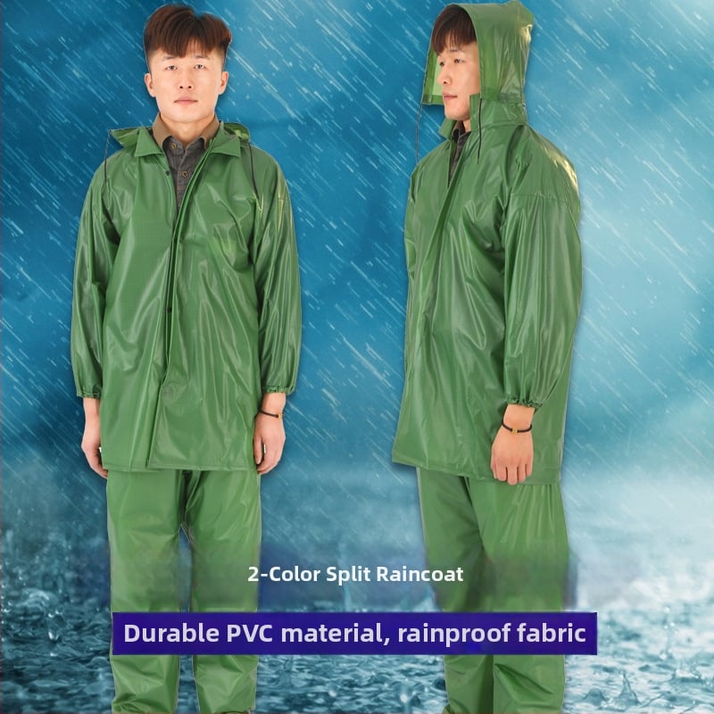 PVC set dážďový kabát a nohavice pre dospelých, rozdelený štýl, PVC látka, vodotesná vrstva z PVC lepidla, prispôsobenie a tlač loga