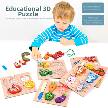 Fából készült 3D puzzle játék kicsiknek: gyümölcsök, zöldségek és állatok kötélre fűzve; korai oktatás, interaktív játék; logó testreszabás.