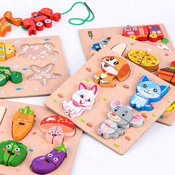 Fából készült 3D puzzle játék kicsiknek: gyümölcsök, zöldségek és állatok kötélre fűzve; korai oktatás, interaktív játék; logó testreszabás.