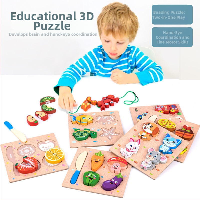 Fából készült 3D puzzle játék kicsiknek: gyümölcsök, zöldségek és állatok kötélre fűzve; korai oktatás, interaktív játék; logó testreszabás.