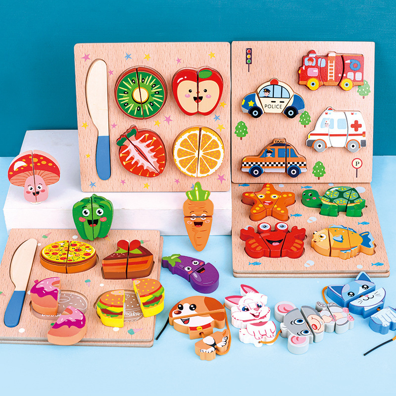 Fából készült 3D puzzle játék kicsiknek: gyümölcsök, zöldségek és állatok kötélre fűzve; korai oktatás, interaktív játék; logó testreszabás.