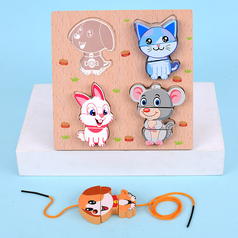 Fából készült 3D puzzle játék kicsiknek: gyümölcsök, zöldségek és állatok kötélre fűzve; korai oktatás, interaktív játék; logó testreszabás.
