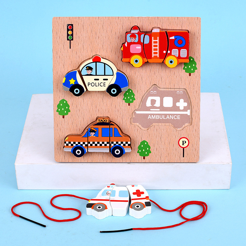 Fából készült 3D puzzle játék kicsiknek: gyümölcsök, zöldségek és állatok kötélre fűzve; korai oktatás, interaktív játék; logó testreszabás.