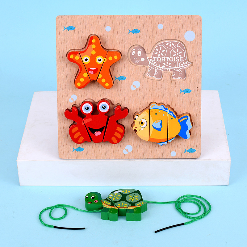 Fából készült 3D puzzle játék kicsiknek: gyümölcsök, zöldségek és állatok kötélre fűzve; korai oktatás, interaktív játék; logó testreszabás.