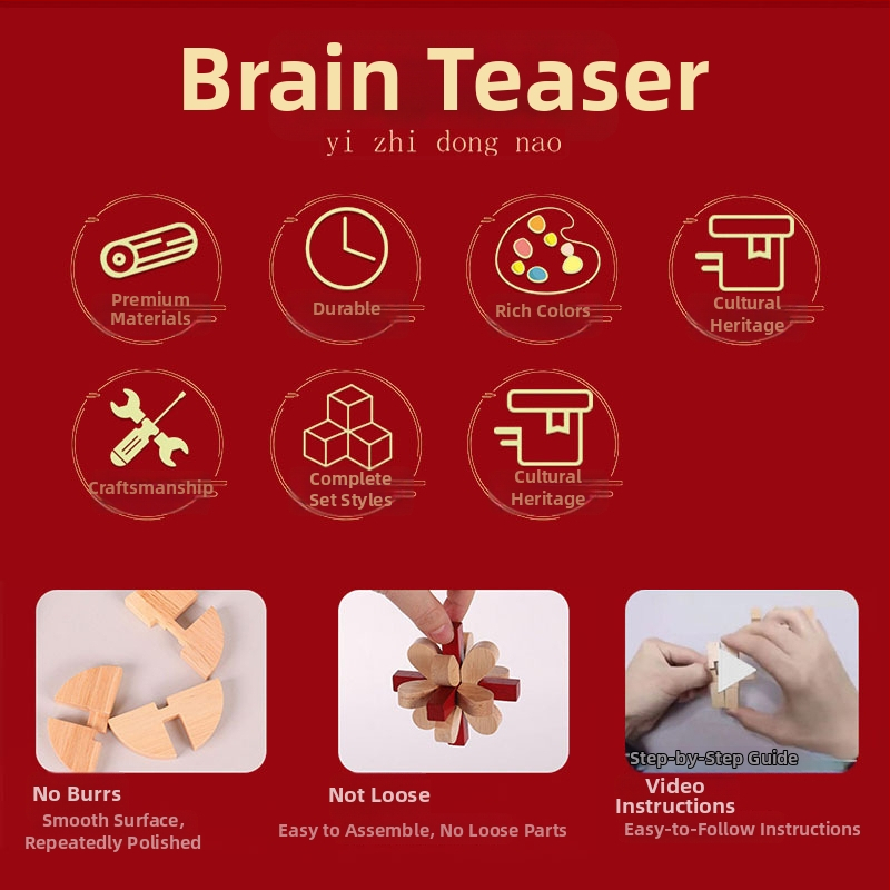 Drveni set Kongming/Luban zagonetke za dječake – edukativna mozgalica za rano obrazovanje, brain teaser, prilagodba logotipa DIY, uzrast 7–14 godina