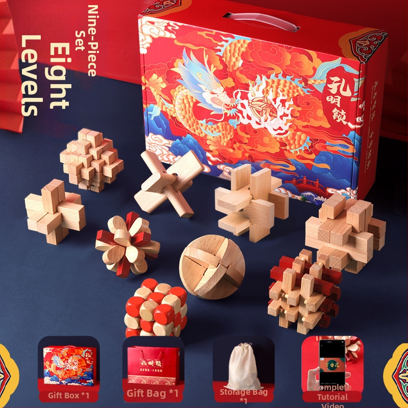 Drveni set Kongming/Luban zagonetke za dječake – edukativna mozgalica za rano obrazovanje, brain teaser, prilagodba logotipa DIY, uzrast 7–14 godina