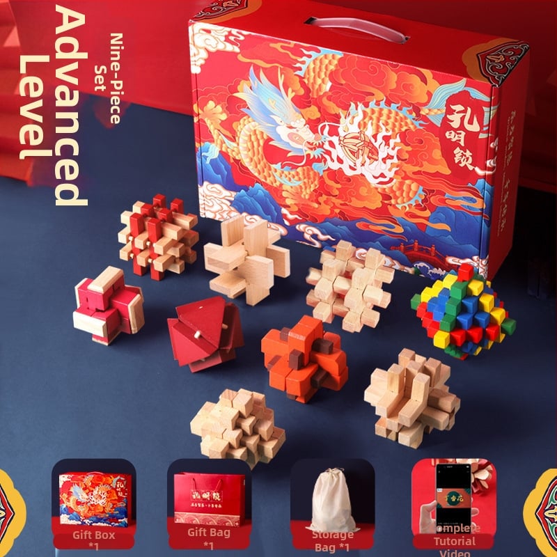 Drveni set Kongming/Luban zagonetke za dječake – edukativna mozgalica za rano obrazovanje, brain teaser, prilagodba logotipa DIY, uzrast 7–14 godina