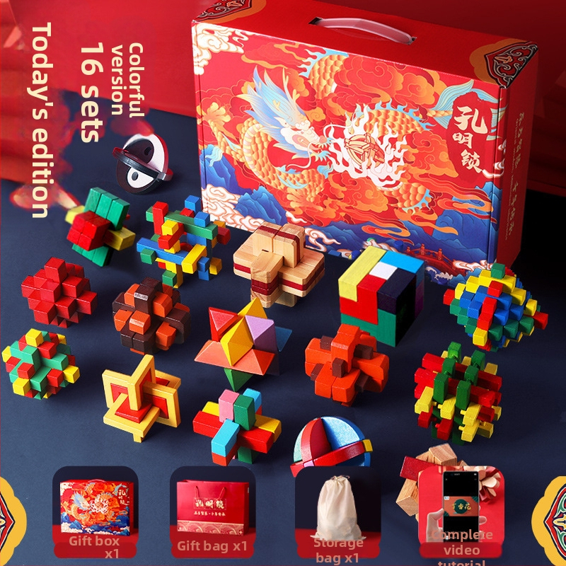 Drveni set Kongming/Luban zagonetke za dječake – edukativna mozgalica za rano obrazovanje, brain teaser, prilagodba logotipa DIY, uzrast 7–14 godina