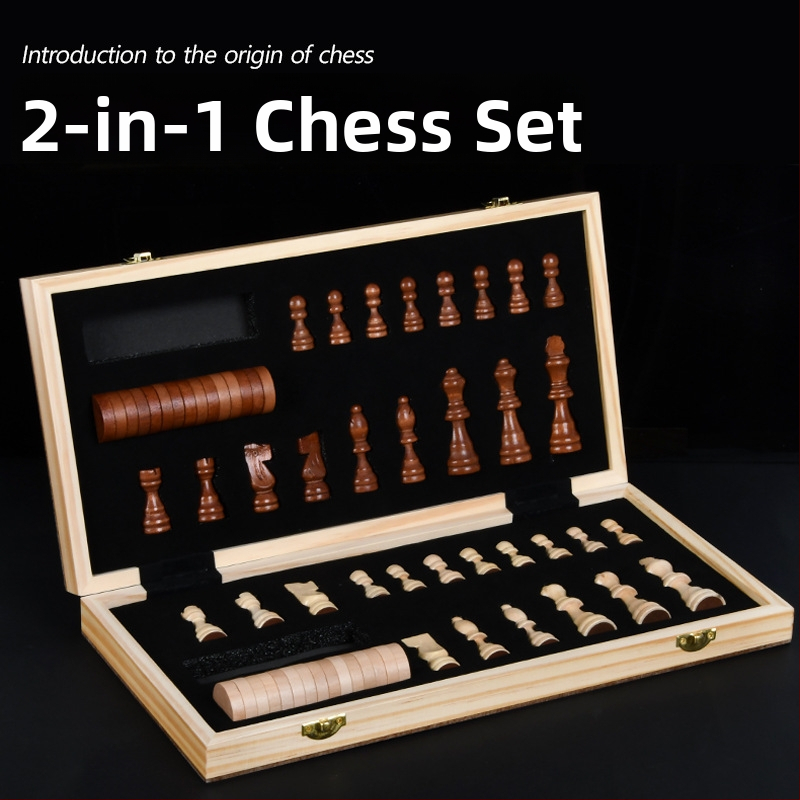 Drveni magnetski šah i dama set, 2-u-1, s figurama od masivnog drveta