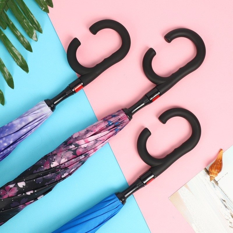 Ανάστροφη ομπρέλα διπλού στρώματος με σχεδίαση τύπου C για χέρια χωρίς χρήση, 8 βέργες, χειροκίνητο άνοιγμα/κλείσιμο, βέργες από ίνες και ράβδος από ίνες