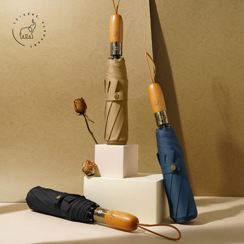 Rain Time automatski sklopivi kišobran s drvenom ručkom, aluminijski okvir s 8 rebara, tkanina 210T, klasični trodjelni dizajn