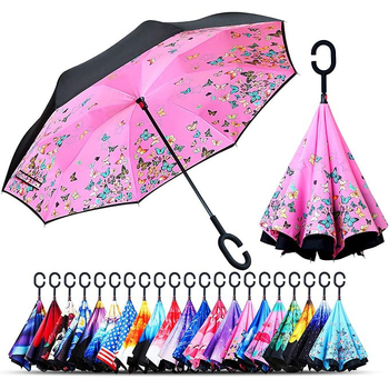 Umbrelă inversă cu mâner în formă de C, umbrelă de exterior cu două straturi, 8 brațe, ramă din fibre, tijă din aliaj, mâner din plastic, deschidere și închidere manuală, imprimare logo disponibil