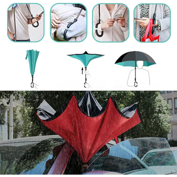 Umbrelă inversă cu mâner în formă de C, umbrelă de exterior cu două straturi, 8 brațe, ramă din fibre, tijă din aliaj, mâner din plastic, deschidere și închidere manuală, imprimare logo disponibil