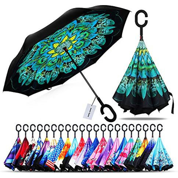 Umbrelă inversă cu mâner în formă de C, umbrelă de exterior cu două straturi, 8 brațe, ramă din fibre, tijă din aliaj, mâner din plastic, deschidere și închidere manuală, imprimare logo disponibil