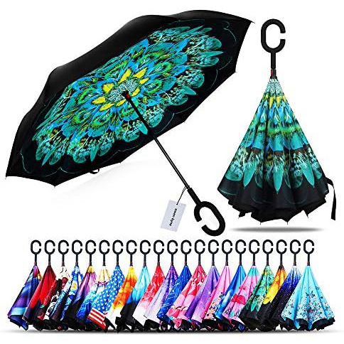 Umbrelă inversă cu mâner în formă de C, umbrelă de exterior cu două straturi, 8 brațe, ramă din fibre, tijă din aliaj, mâner din plastic, deschidere și închidere manuală, imprimare logo disponibil