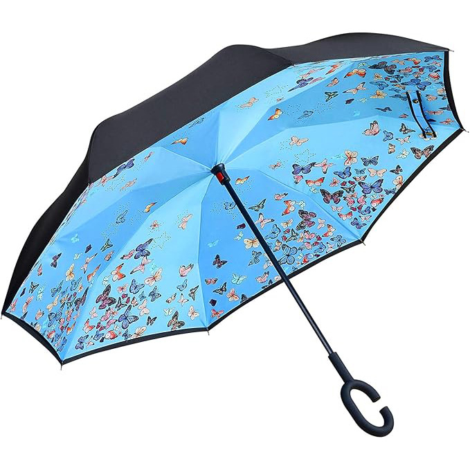 Umbrelă inversă cu mâner în formă de C, umbrelă de exterior cu două straturi, 8 brațe, ramă din fibre, tijă din aliaj, mâner din plastic, deschidere și închidere manuală, imprimare logo disponibil