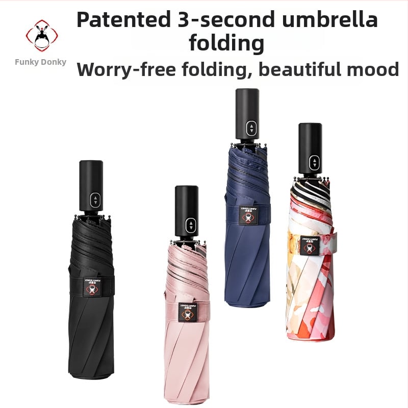 Umbrelă cu deschidere și închidere automate, 8 arce din aluminiu, design pliant în trei secțiuni, protecție UV, țesătură 190T