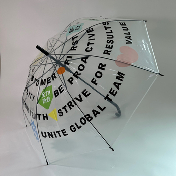 Umbrelă transparentă din material POE, mâner lung, brațe și țevi din oțel, deschidere semi-automat