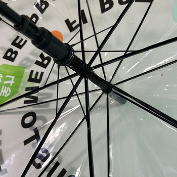 Umbrelă transparentă din material POE, mâner lung, brațe și țevi din oțel, deschidere semi-automat