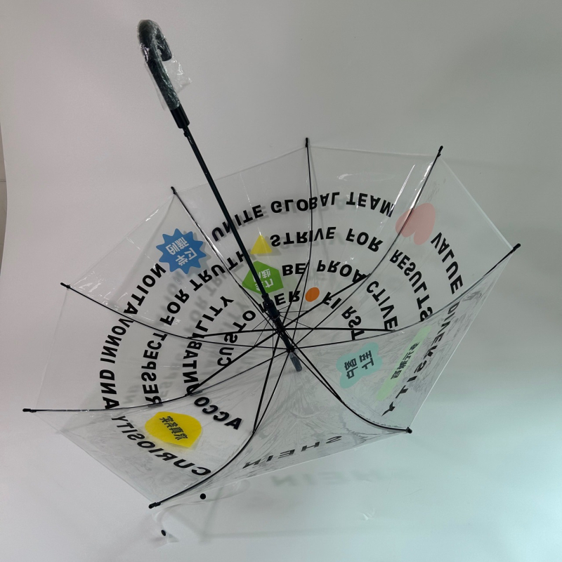 Umbrelă transparentă din material POE, mâner lung, brațe și țevi din oțel, deschidere semi-automat