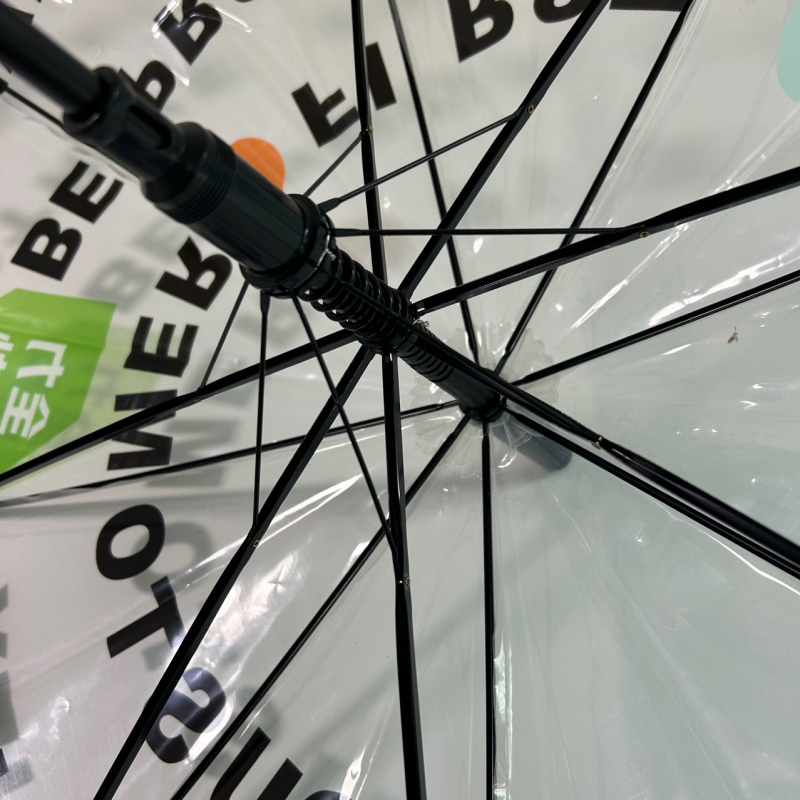 Umbrelă transparentă din material POE, mâner lung, brațe și țevi din oțel, deschidere semi-automat