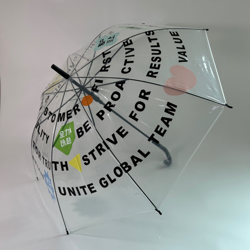 Umbrelă transparentă din material POE, mâner lung, brațe și țevi din oțel, deschidere semi-automat