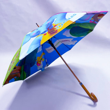 Reklamna kišobran s zakrivljenom drškom od drveta, automatsko otvaranje, 8 rebara od vlaknastog okvira, prilagodljiva digitalna štampa