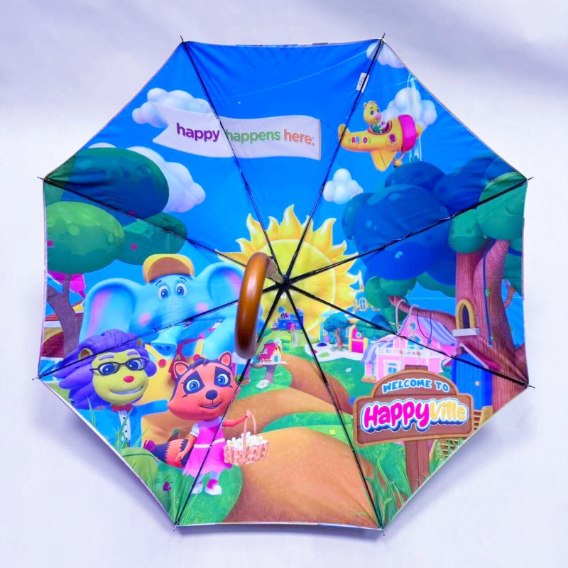 Reklamna kišobran s zakrivljenom drškom od drveta, automatsko otvaranje, 8 rebara od vlaknastog okvira, prilagodljiva digitalna štampa