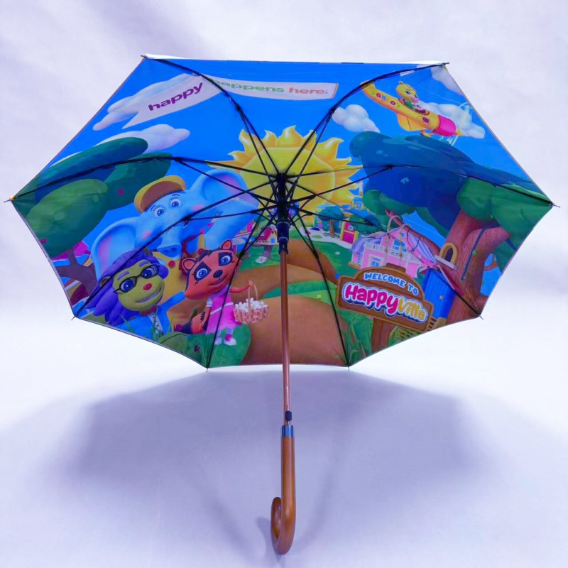 Reklamna kišobran s zakrivljenom drškom od drveta, automatsko otvaranje, 8 rebara od vlaknastog okvira, prilagodljiva digitalna štampa