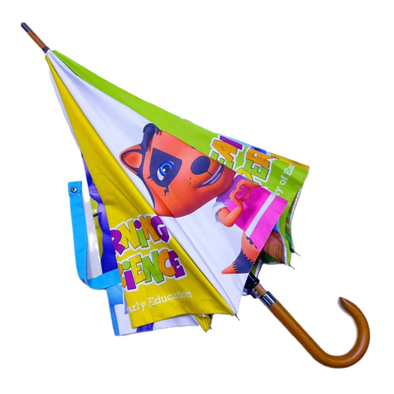 Reklamna kišobran s zakrivljenom drškom od drveta, automatsko otvaranje, 8 rebara od vlaknastog okvira, prilagodljiva digitalna štampa