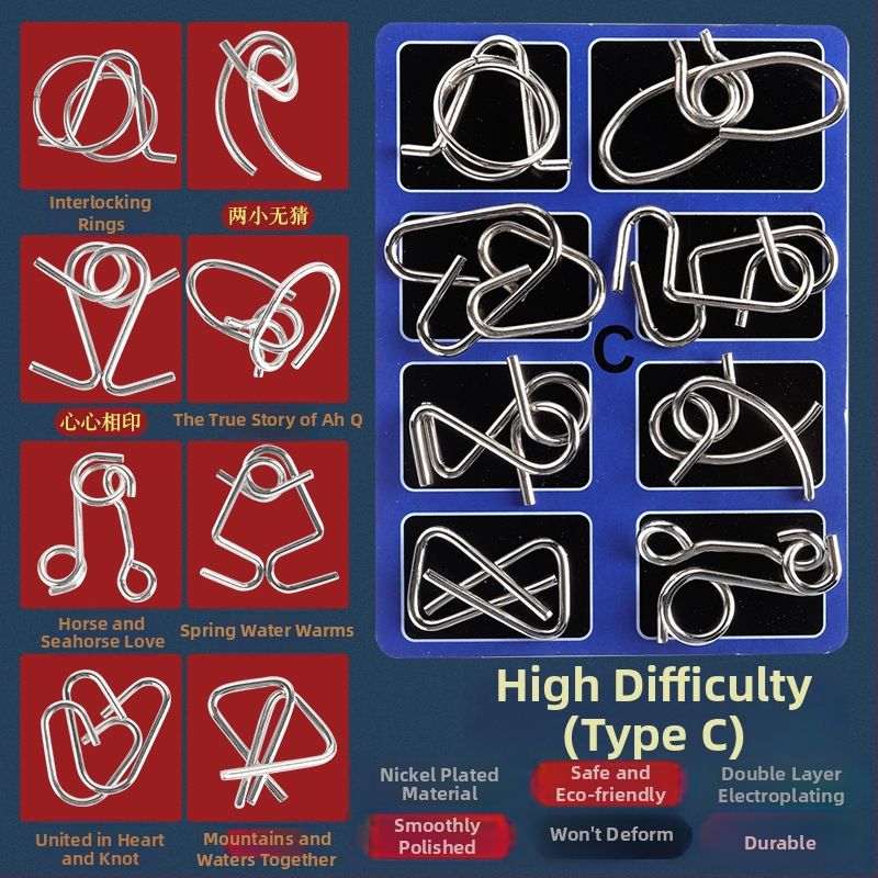 Metalni puzzle s devet prstenova — 8-dijelni set, edukativna igra za uzrast 15–35 godina