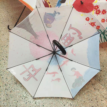 Umbrelă pentru elevi cu mâner lung, pictură manuală, 8 brațe din fibră, deschidere automată, cupolă din material 210T, mâner din cauciuc, posibilitatea imprimării logo-ului