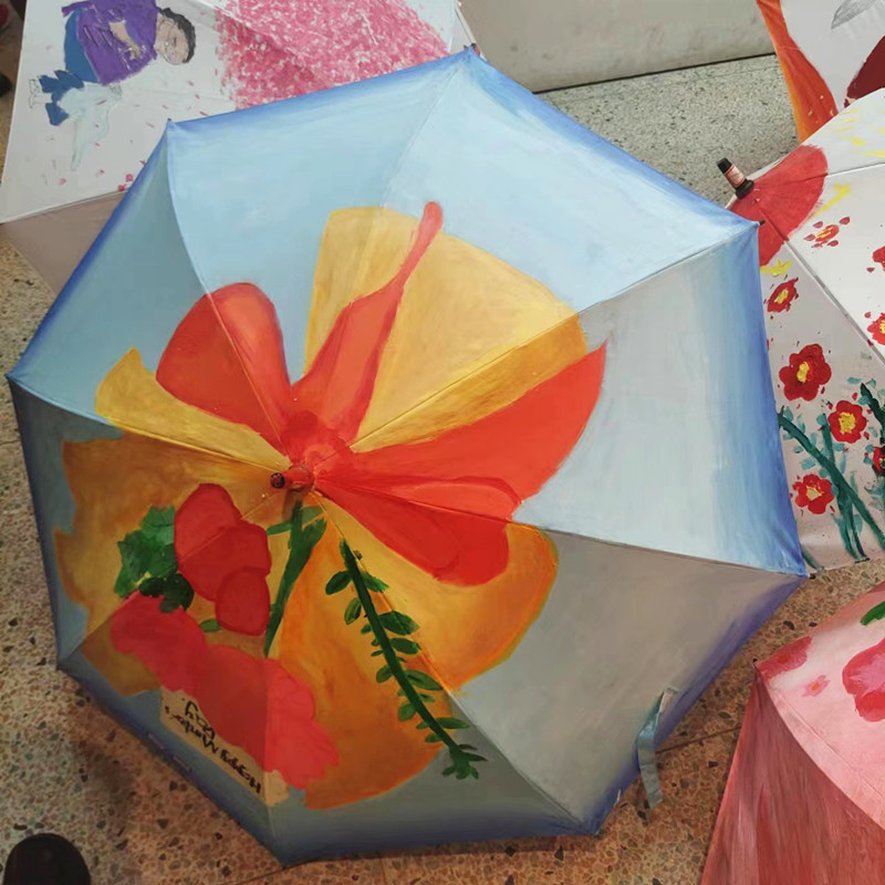 Umbrelă pentru elevi cu mâner lung, pictură manuală, 8 brațe din fibră, deschidere automată, cupolă din material 210T, mâner din cauciuc, posibilitatea imprimării logo-ului