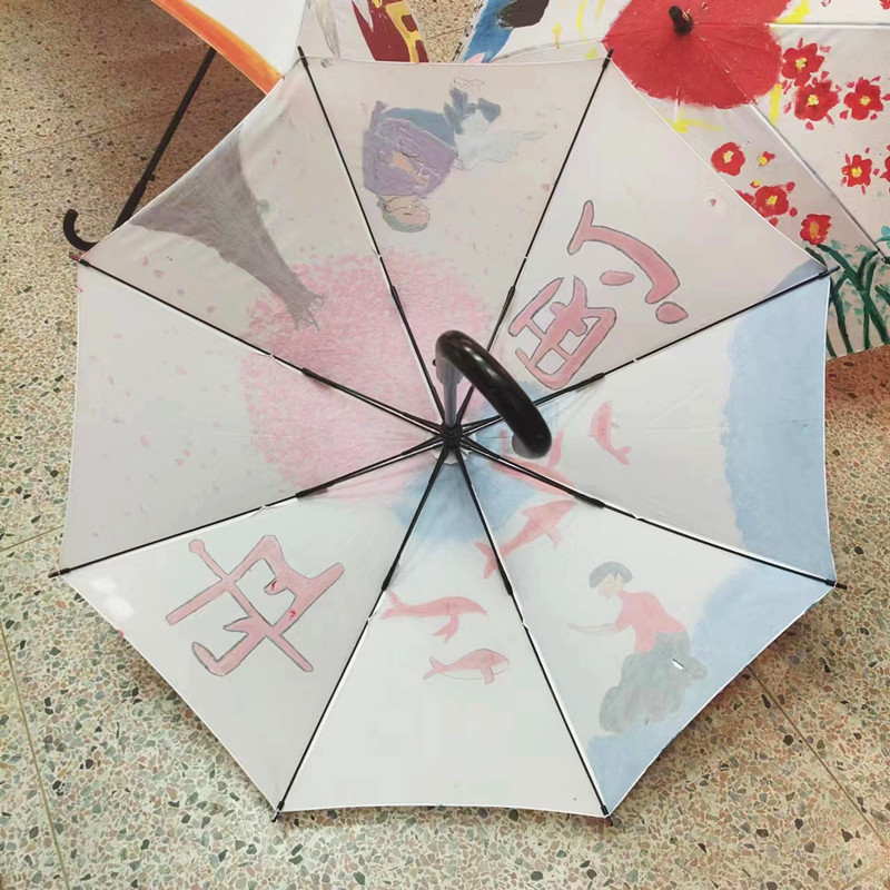 Umbrelă pentru elevi cu mâner lung, pictură manuală, 8 brațe din fibră, deschidere automată, cupolă din material 210T, mâner din cauciuc, posibilitatea imprimării logo-ului