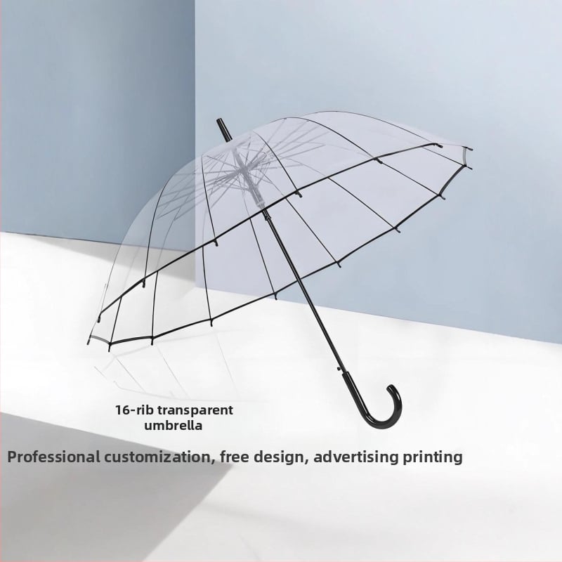 16-okraki ojačani prozirni poslovni kišobran s prilagođenim logotipom, automatsko otvaranje, duga drška — korporativni reklamni kišobrani, veleprodaja