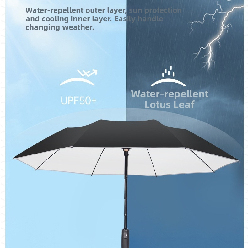Sklopivi kišobran s integriranim ventilatorom za hlađenje, 8 rebara okvira, automatsko otvaranje, tkanina 210T, šipka od legure