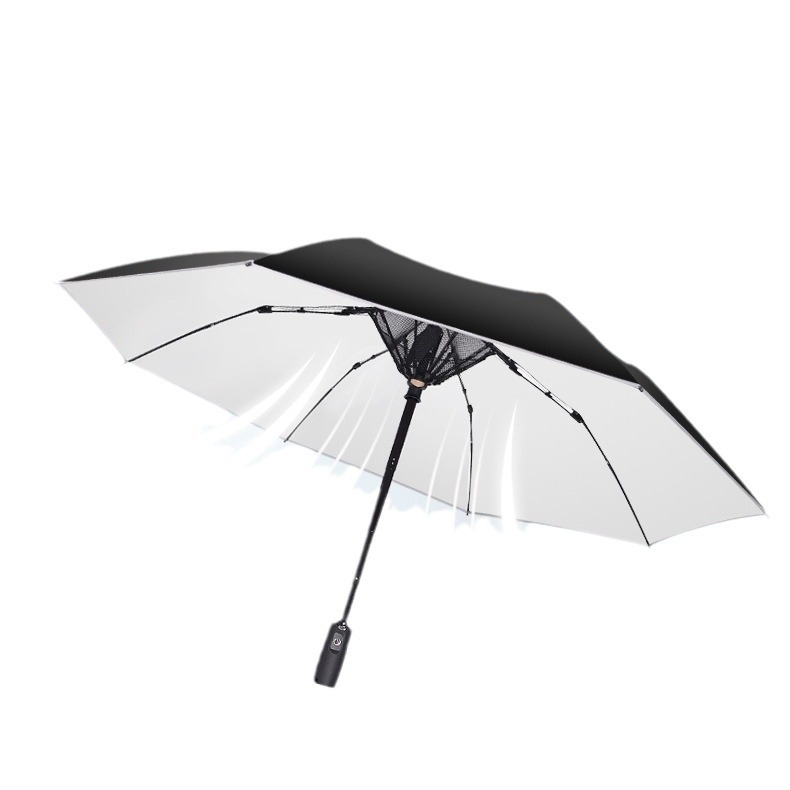 Sklopivi kišobran s integriranim ventilatorom za hlađenje, 8 rebara okvira, automatsko otvaranje, tkanina 210T, šipka od legure