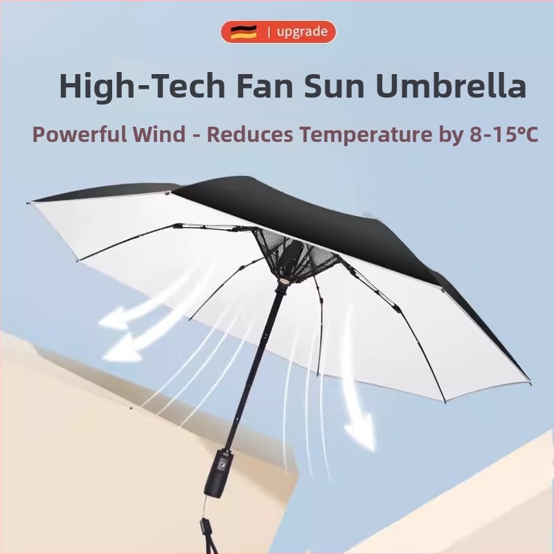 Sklopivi kišobran s integriranim ventilatorom za hlađenje, 8 rebara okvira, automatsko otvaranje, tkanina 210T, šipka od legure