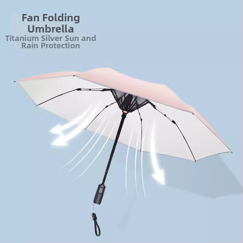 Sklopivi kišobran s integriranim ventilatorom za hlađenje, 8 rebara okvira, automatsko otvaranje, tkanina 210T, šipka od legure
