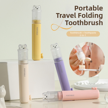 Kia Οδοντόβουρτσα ταξιδιού δύο σε ένα με αποθήκευση οδοντόπαστας, πλαστικό, απαλές τρίχες, μοτίβο: γλυκό, στυλ καρτούν