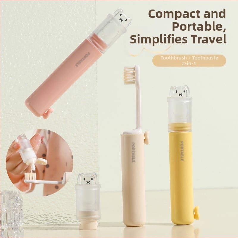 Kia Οδοντόβουρτσα ταξιδιού δύο σε ένα με αποθήκευση οδοντόπαστας, πλαστικό, απαλές τρίχες, μοτίβο: γλυκό, στυλ καρτούν