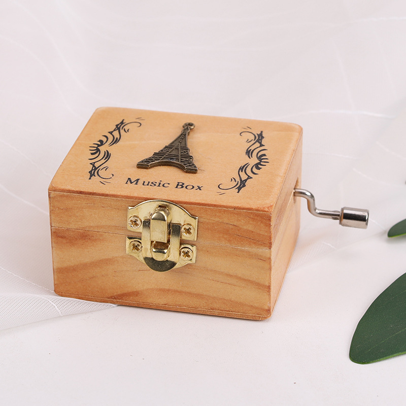 Cutie muzicală din lemn cu manetă – stil retro, personalizabilă, cu logo tipărit
