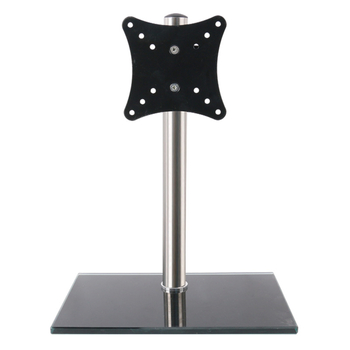 Suport pentru monitor pentru desktop, cu reglare înălțime și rotire; bază din sticlă temperată; capacitate 11–15 kg; control mecanic; nu se montează pe perete.