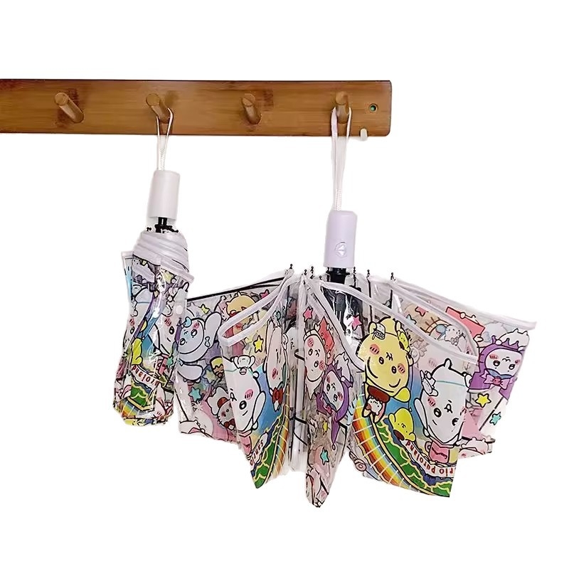 Prozirni sklopivi kišobran s PVC platnom, osam rebara od metala, plastična ručka, potpuno automatsko otvaranje, radijus 48–53 cm