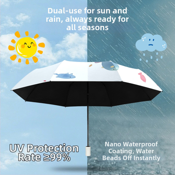 Dječji trostruki sklopivi kišobran s karikaturom, UV zaštita UPF50+, čelični okvir sa srednjom šipkom, 8 rebara, poliester 190T s crnim ljepilom, ručno otvaranje i zatvaranje, mogućnost otiska logotipa